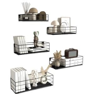 Set of 5 Floating Shelves Wall Mounted Black Hanging Storage Wall Shelf